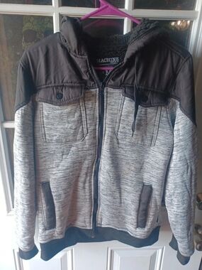 Machine Two-Tone Hooded Bomber Jacket in Gray and Black